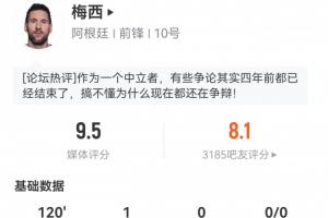 梅西全场数据：评分9.5！射正、成功传中、过人、对抗均全场最多